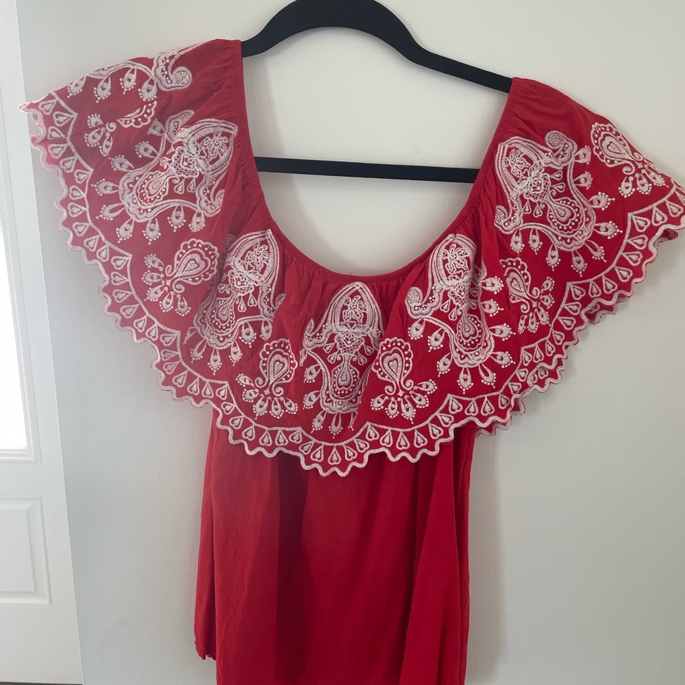 Red Off the shoulder embroidered top